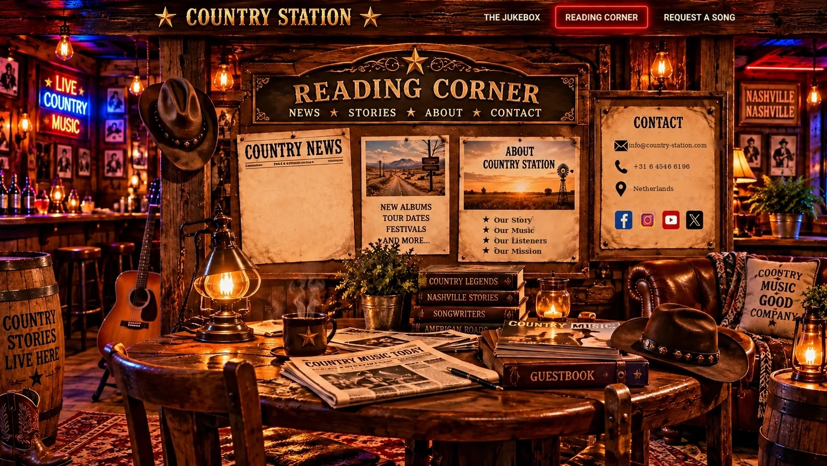 Country Station Reading Corner met drie krantenartikelen, een contactbord en een houten leestafel